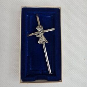 Vintage Silver Cross Praying Girl Wall Hanging Religious 6" Catholic First Commu